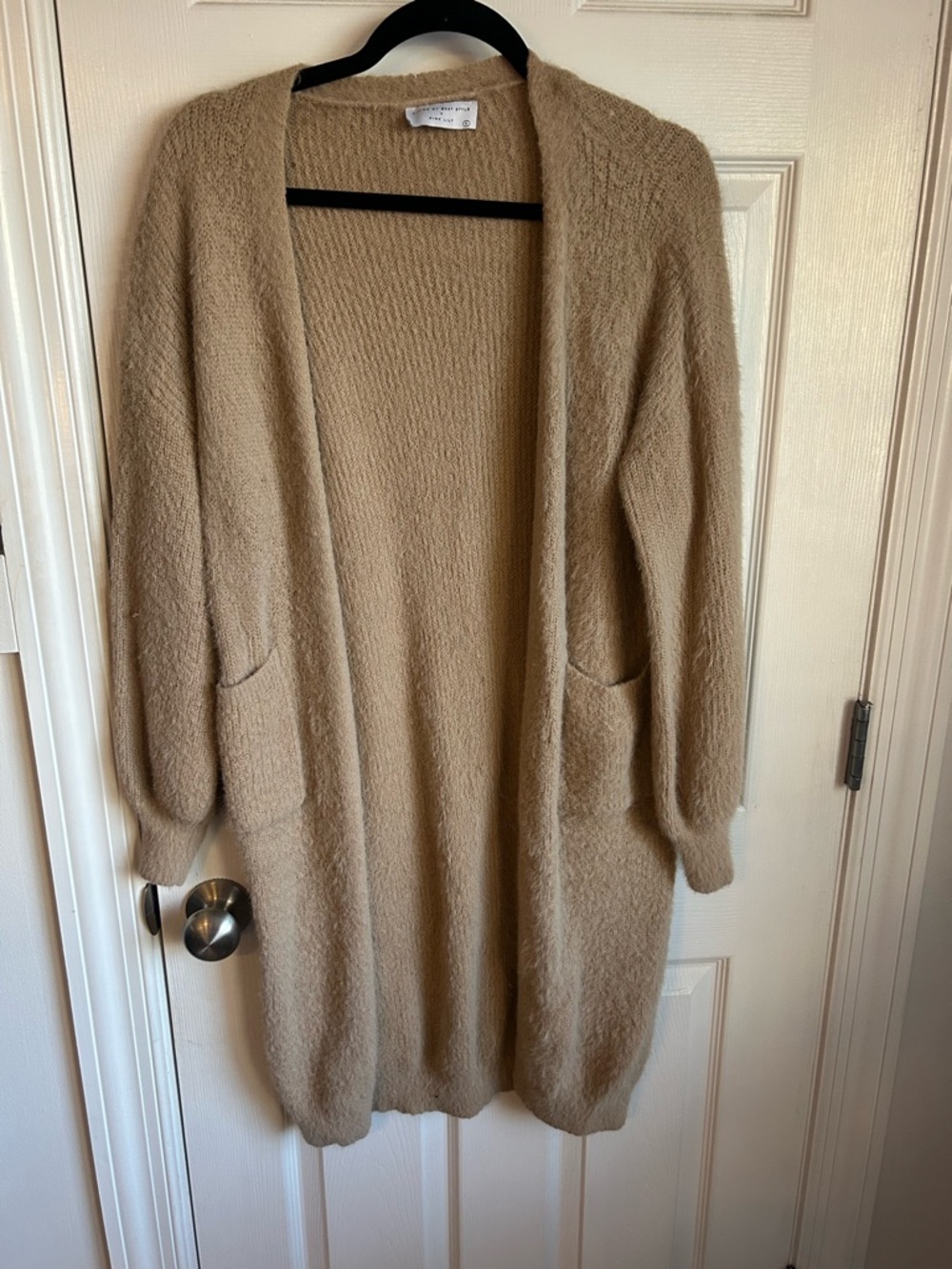 Pink Lily Long Open-Front Cardigan Sweater — Taupe